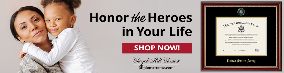 military mom hugging daughter in banner with us army frame