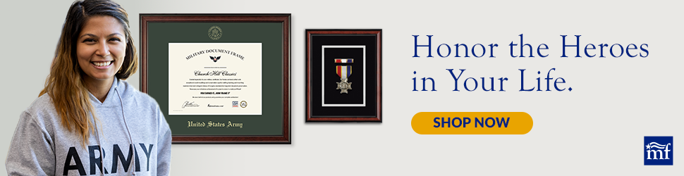 shop now banner ad - smiling woman wearing army sweatshirt in front of custom military certificate frame and medal shadow box