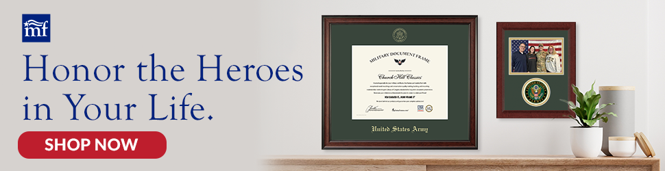 banner ad with custom military frames on wall "Honor the Heroes in Your Life. Shop Now"