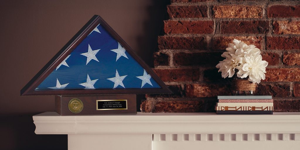 custom engraved flag case displayed on home mantle