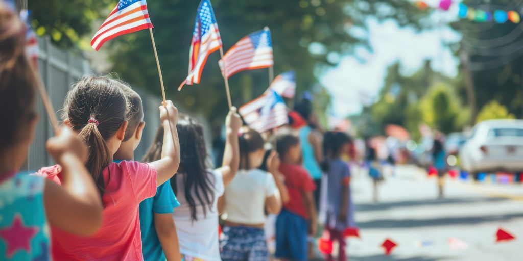 children waving american flags at a parade
