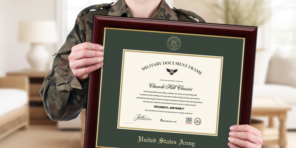 person in military uniform holding a custom united states army certificate frame