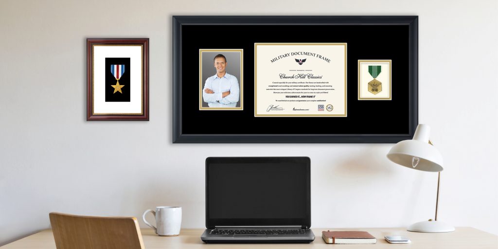 Office setting with custom military certificate, medal, & photo frame and broze star medal frame on wall