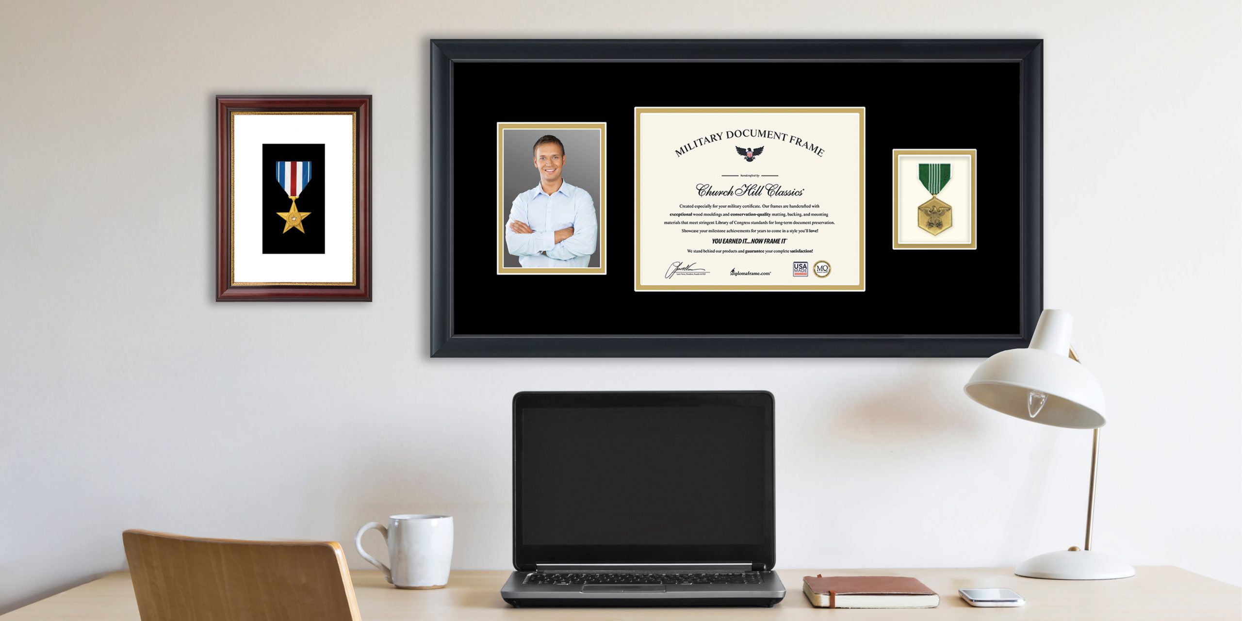Office setting with custom military certificate, medal, & photo frame and broze star medal frame on wall