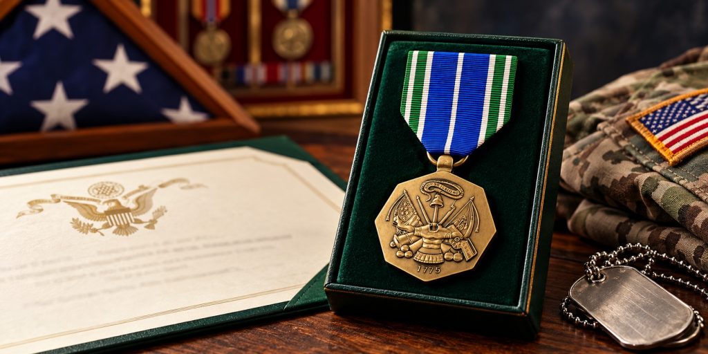 A closeup of the Army Achievement Medal in a velvet box sitting on a desk with the Army Achievement certificate, folded soldier uniform, flag case, and dog tags nearby.