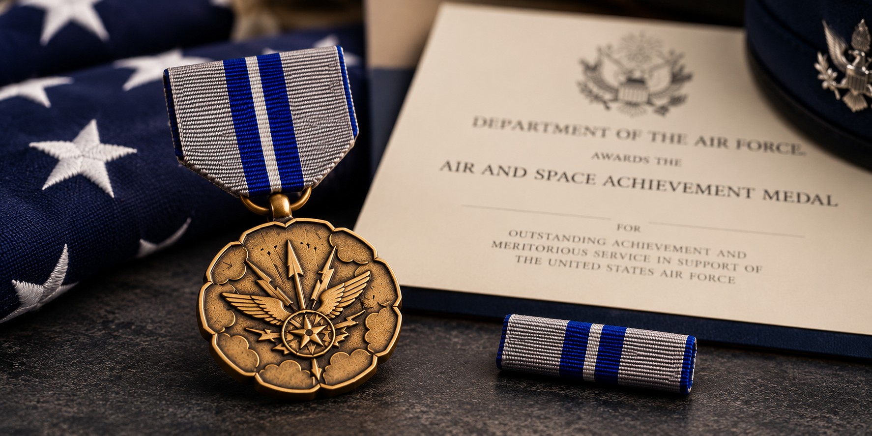 Air Force Achievement Medal, now called the Air and Space Achievement Medal, displayed with its blue and silver-gray ribbon