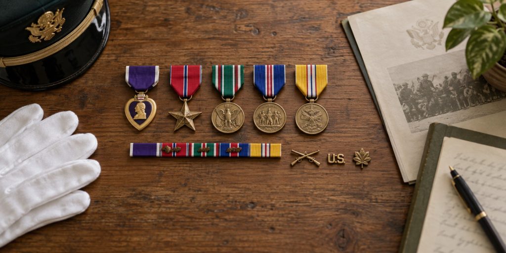 Army medals arranged in order of precedence on a table