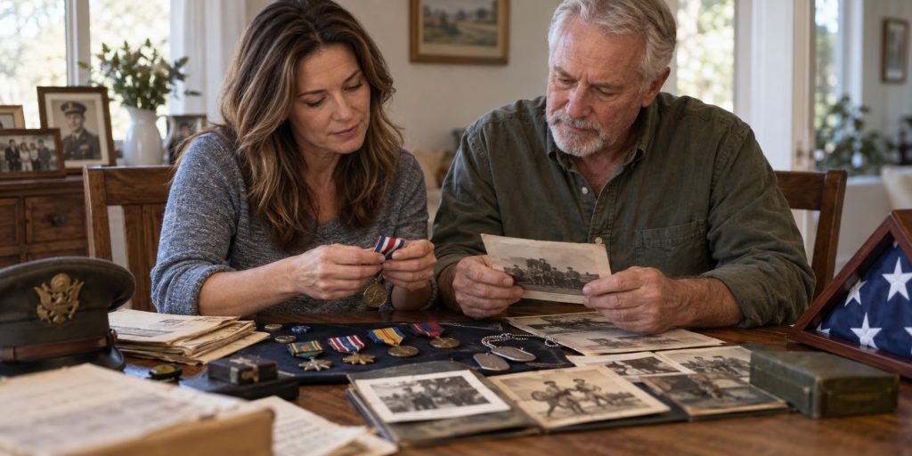 Family members reviewing inherited military medals, old photos, and service keepsakes at a table