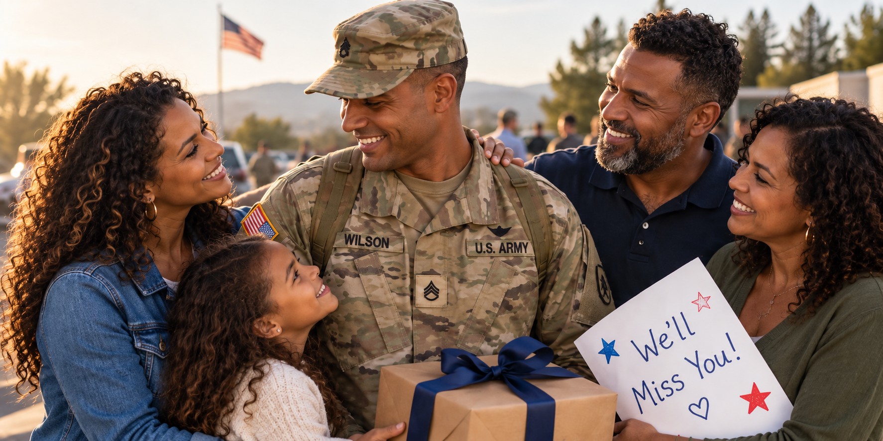Military going away gifts presented to a service member by family and coworkers at a farewell