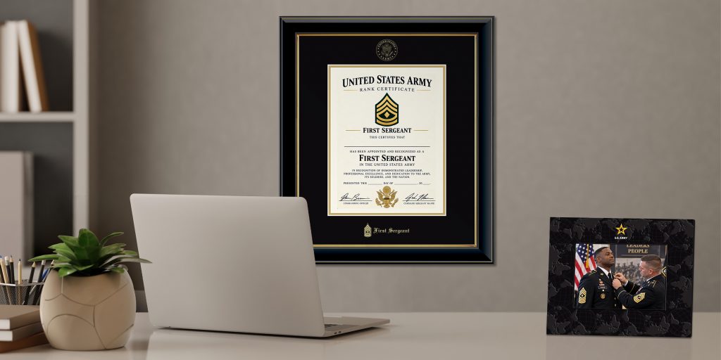 Military rank frame displaying a promotion certificate beside a military promotion photo