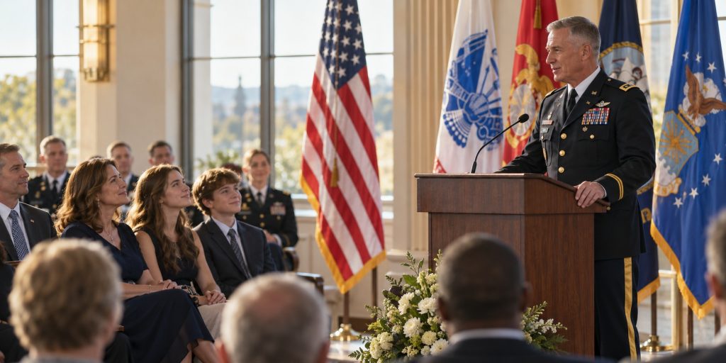Military retirement ceremony with service member speaking to family and fellow service members