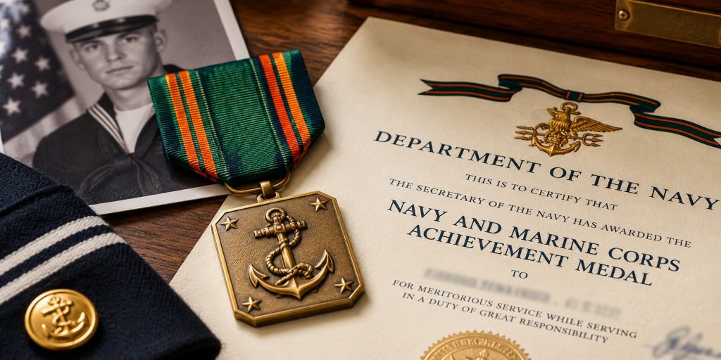 Navy Achievement Medal with ribbon and Navy and Marine Corps award citation