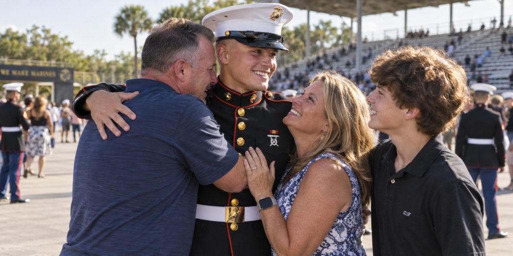 New Marine with his proud family after Parris Island graduation.