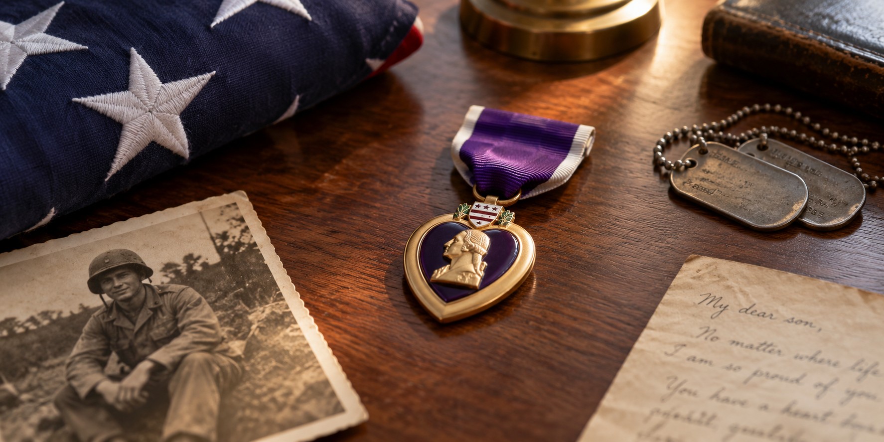 Purple Heart medal displayed on a wooden desk with a folded American flag, dog tags, and a vintage military photo
