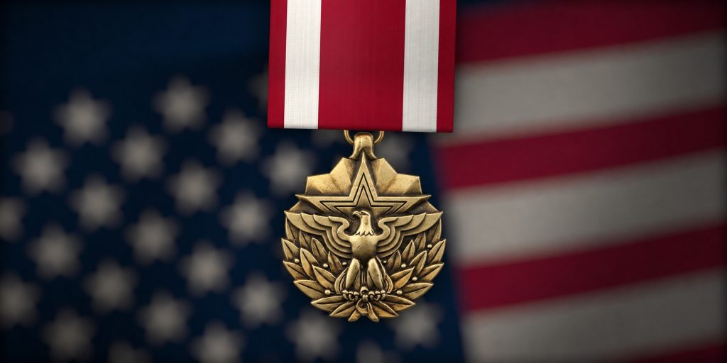 Meritorious Service Medal with bronze medal and crimson and white ribbon