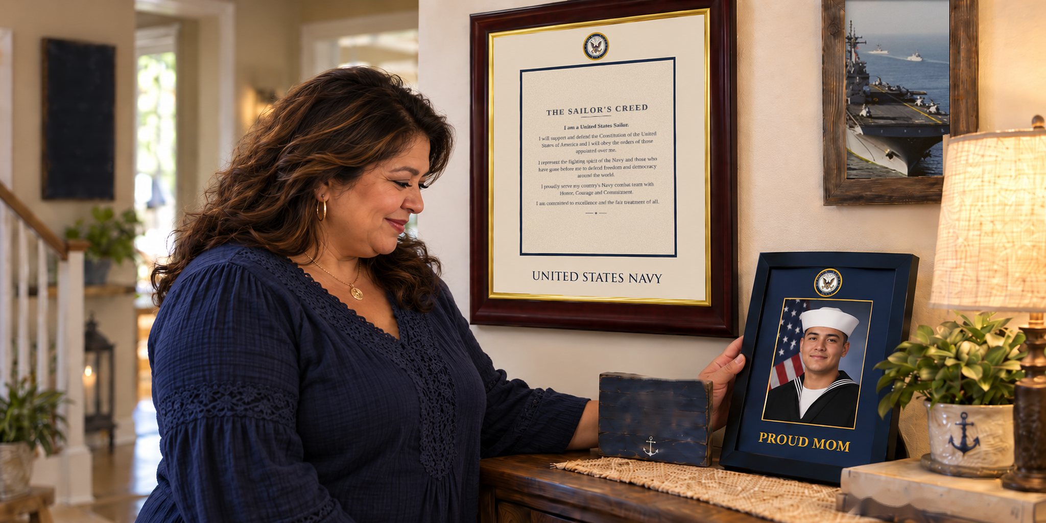 Navy graduation gifts: a mom smiles at her Sailor's portrait in a Proud Mom Navy photo frame